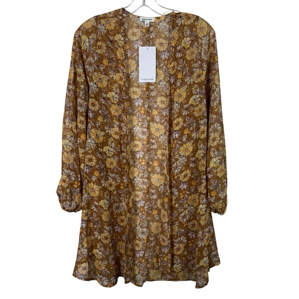 Thread & Clover Beige Relaxed Fit Chiffon Swiss Dot Daisy Floral Kimono Top XS